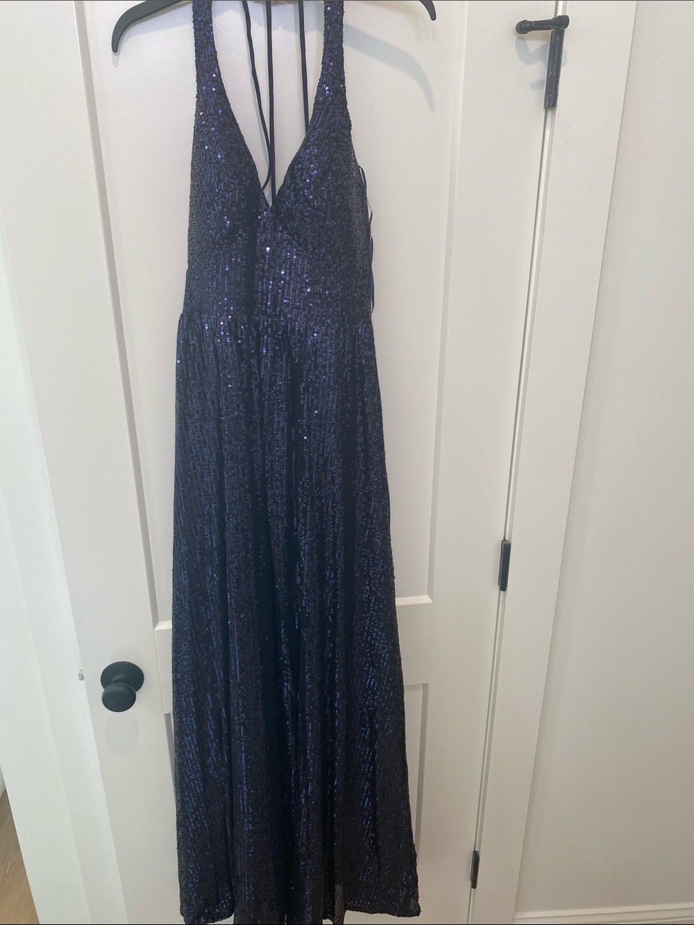 Crystal Doll Navy Sequin Halter Prom Dress